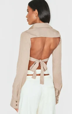 Mocha Premium Woven Tie Backless Cropped Shirt