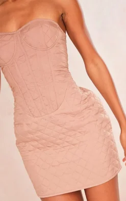 Mocha Quilted Underwired Pocket Detail Bandeau Bodycon Dress