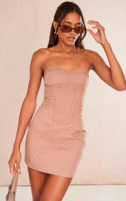 Mocha Quilted Underwired Pocket Detail Bandeau Bodycon Dress