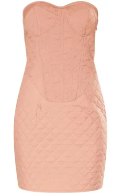 Mocha Quilted Underwired Pocket Detail Bandeau Bodycon Dress