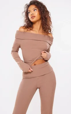 Mocha Rib Foldover Bardot Flute Sleeve Longline Top