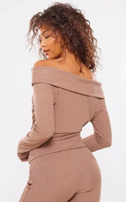 Mocha Rib Foldover Bardot Flute Sleeve Longline Top
