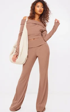 Mocha Rib Foldover Low Rise Flared Pants