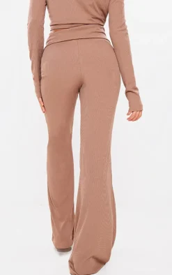 Mocha Rib Foldover Low Rise Flared Pants