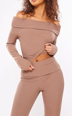 Mocha Rib Foldover Low Rise Flared Pants