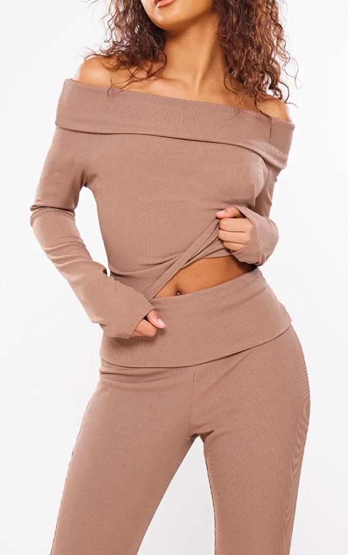 Mocha Rib Foldover Low Rise Flared Pants