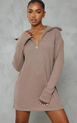 Mocha Rib High Neck Half Zip Oversized Sweater Dress