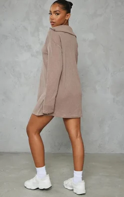 Mocha Rib High Neck Half Zip Oversized Sweater Dress
