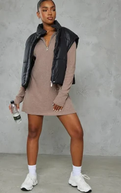 Mocha Rib High Neck Half Zip Oversized Sweater Dress