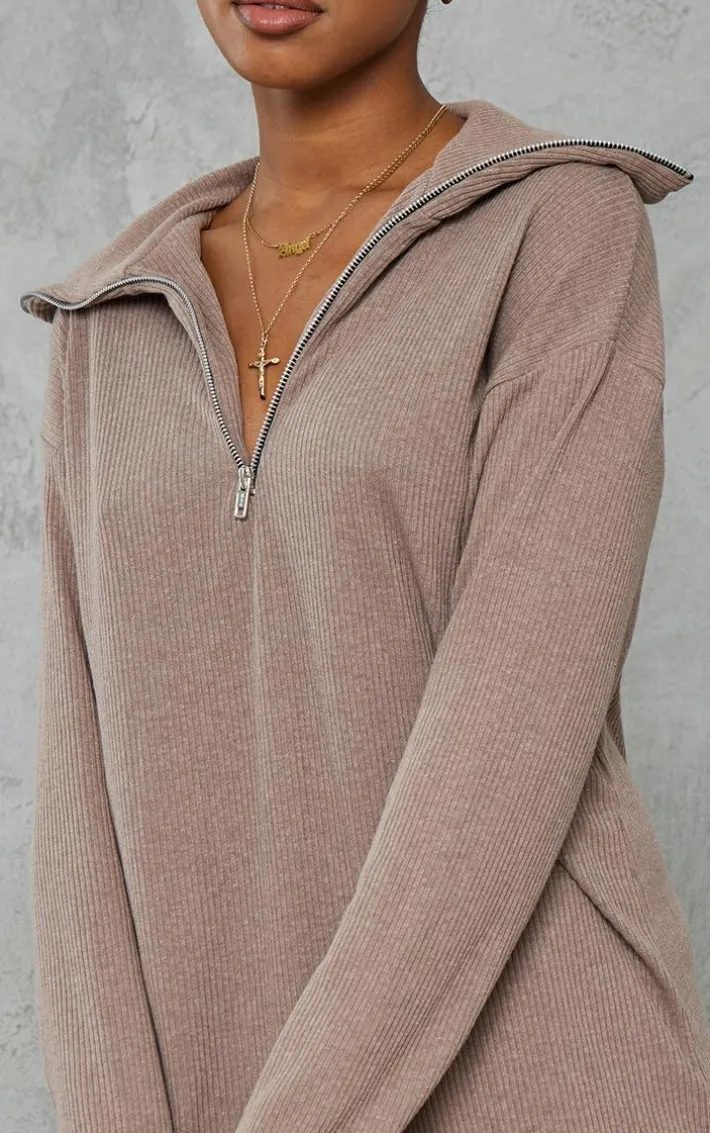 Mocha Rib High Neck Half Zip Oversized Sweater Dress