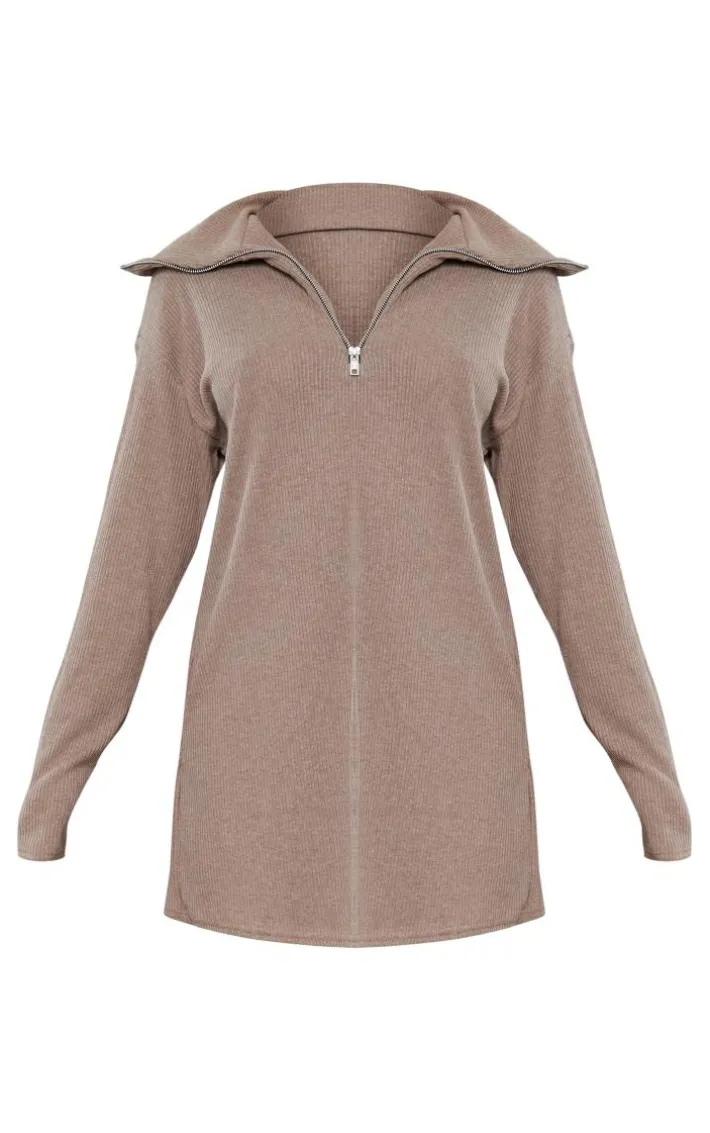 Mocha Rib High Neck Half Zip Oversized Sweater Dress