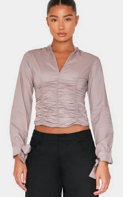 Mocha Ruched Front Tie Detail Shirt