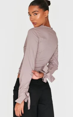 Mocha Ruched Front Tie Detail Shirt
