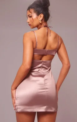 Mocha Satin Tie Front Cup Detail Mini Dress