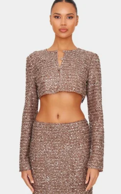 Mocha Sequin Long Sleeve Button Up Cardigan