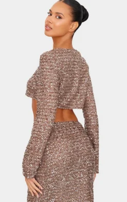 Mocha Sequin Long Sleeve Button Up Cardigan