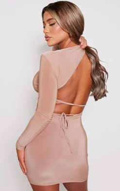 Mocha Slinky Cut Out Tie Back Detail Bodycon Dress