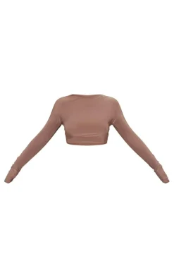 Mocha Slinky Long Sleeve Ruched Detail Crop Top