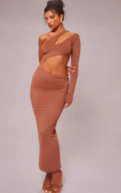 Mocha Slinky One Sleeve Cut Out Maxi Dress