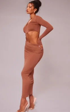 Mocha Slinky One Sleeve Cut Out Maxi Dress