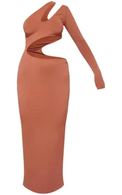 Mocha Slinky One Sleeve Cut Out Maxi Dress