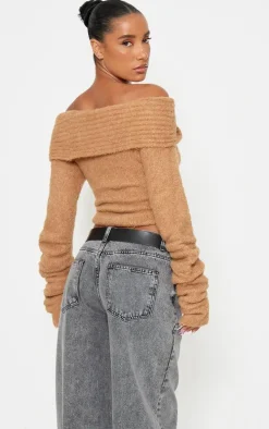 Mocha Soft Bobble Knit Bardot Foldover Top