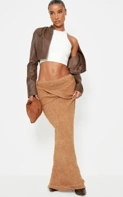 Mocha Soft Bobble Knit Foldover Maxi Skirt