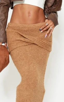 Mocha Soft Bobble Knit Foldover Maxi Skirt