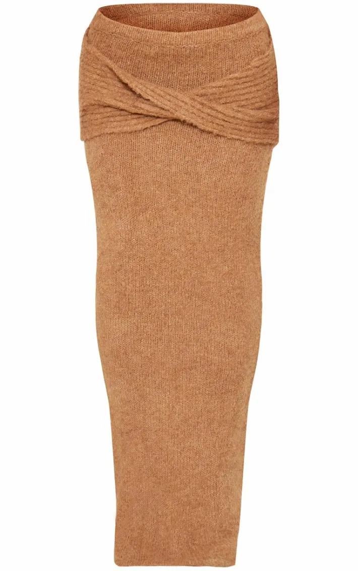 Mocha Soft Bobble Knit Foldover Maxi Skirt