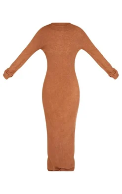 Mocha Soft Knit Open Back Long Sleeve Maxi Dress