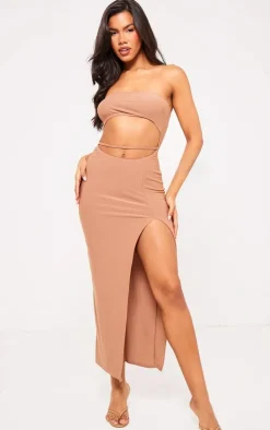 Mocha Soft Touch Bandeau Cut Out Waist Strap Midaxi Dress