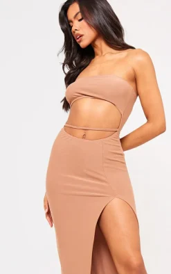 Mocha Soft Touch Bandeau Cut Out Waist Strap Midaxi Dress