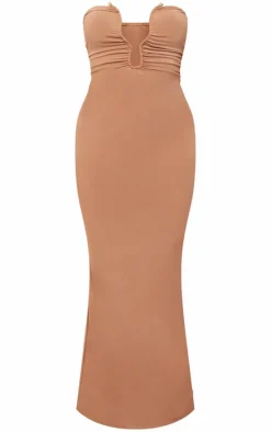 Mocha Soft Touch Plunge Trim Detail Bandeau Maxi Dress