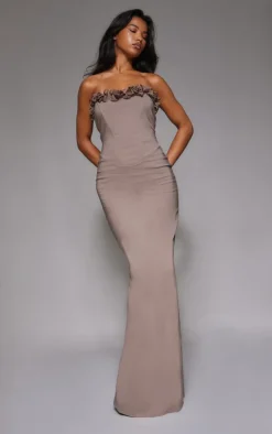 Mocha Stretch Woven Rosette Bandeau Maxi Dress