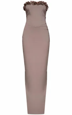 Mocha Stretch Woven Rosette Bandeau Maxi Dress