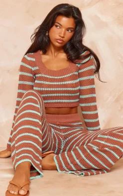 Mocha Stripe Crochet Knit Square Neck Long Sleeve Top