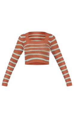 Mocha Stripe Crochet Knit Square Neck Long Sleeve Top