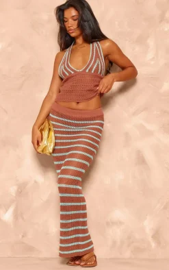 Mocha Stripe Crochet Knit Plunge Crop Top