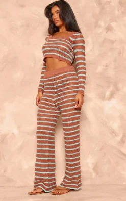 Mocha Stripe Crochet Knit Wide Leg Pants
