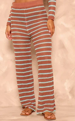 Mocha Stripe Crochet Knit Wide Leg Pants