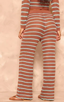 Mocha Stripe Crochet Knit Wide Leg Pants