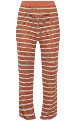 Mocha Stripe Crochet Knit Wide Leg Pants