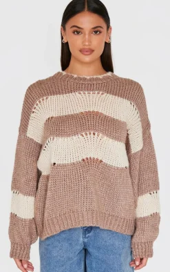 Mocha Stripe Distressed Detail Chunky Knit Sweater