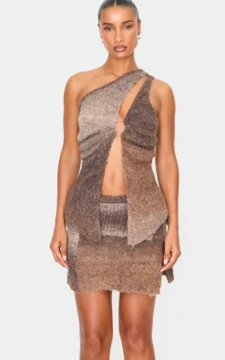 Mocha Stripe Textured Knit O Ring Asymmetric Cut Out Top