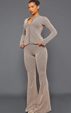 Mocha Two Tone Rib High Waist Flares