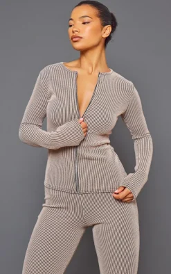 Mocha Two Tone Rib Longline Zip Up Top