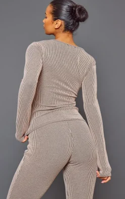 Mocha Two Tone Rib Longline Zip Up Top