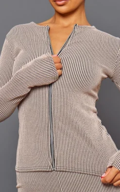 Mocha Two Tone Rib Longline Zip Up Top