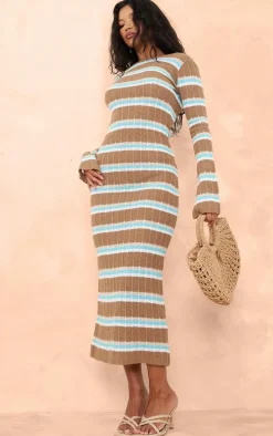 Mocha Wide Rib Knit Striped Long Sleeve Maxi Dress