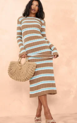 Mocha Wide Rib Knit Striped Long Sleeve Maxi Dress